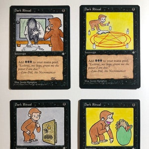 May include: Four custom-illustrated "Dark Ritual" trading cards. Each card features a cartoon monkey in various scenes, with text and illustrations. The cards have a black border and a tan-colored text box with the text "Interrupt".
