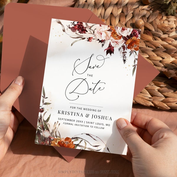 Fall Save the Date Wedding Template, Red and Orange florals, Terracotta Wedding Date Card, Burgundy Wedding floral printable template, ELISE