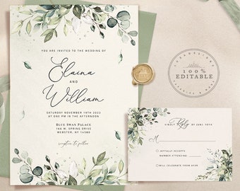 Editable PDF Rush Order Leaves Wedding Invite Greenery Wedding Invite Set INSTANT DOWNLOAD Rustle Green Wedding Invite Rustic Invite