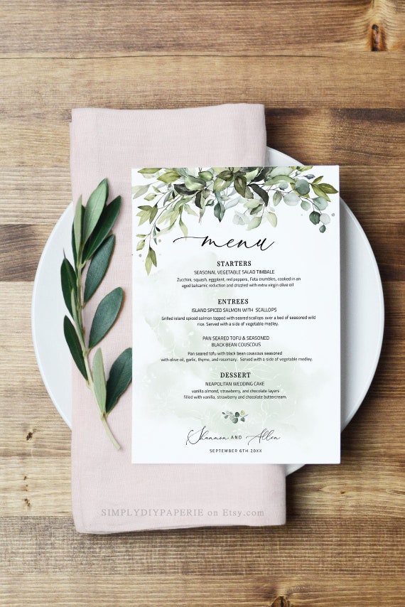 Greenery Menu Template Eucalyptus Menu Card Wedding Menu - Etsy