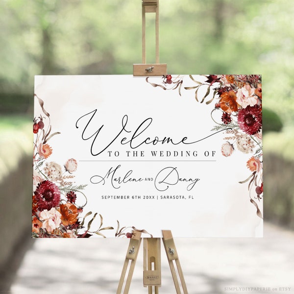 Fall Wedding Welcome Sign, autumn welcome sign, Printable welcome sign, Welcome sign Template, Calligraphy welcome, editable welcome, ELISE