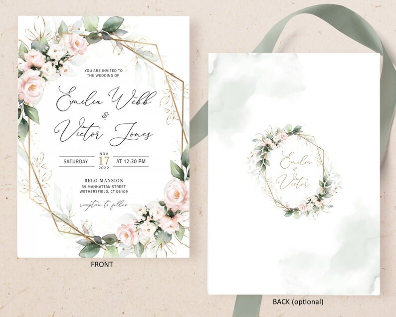 Blush Floral Wedding Invitation Template Blush Wedding Invite Etsy