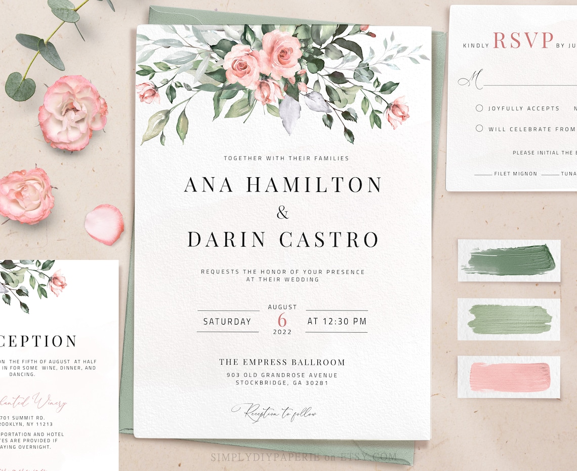 Blush and Sage Wedding Invitation Suite Template Download image 1