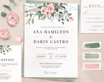 Blush and Sage Wedding Invitation Suite Template Download, Blush and Eucalyptus wedding set, Blush and greenery Wedding invite, pdf, KORA