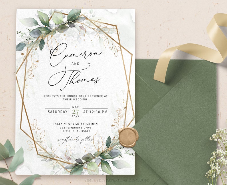 Elegant Greenery Wedding Invitation Template, Geometric wedding invite, invitation template, Sage greenery invite template download, MAIA 