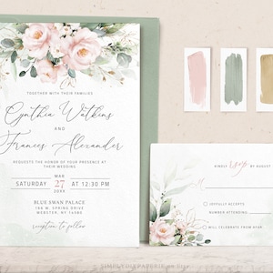 Pink Wedding Invitation, floral wedding invite, Invite with rsvp, Editable invitation template, blush pink invitation, editable, LILIAN image 1