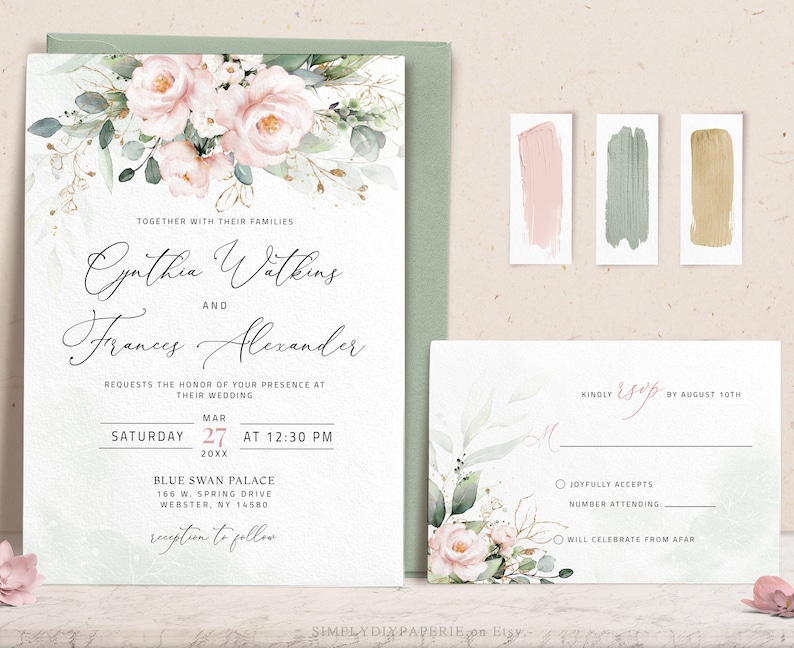 Pink Wedding Invitation, floral wedding invite, Invite with rsvp, Editable invitation template, blush pink invitation, editable, LILIAN image 1