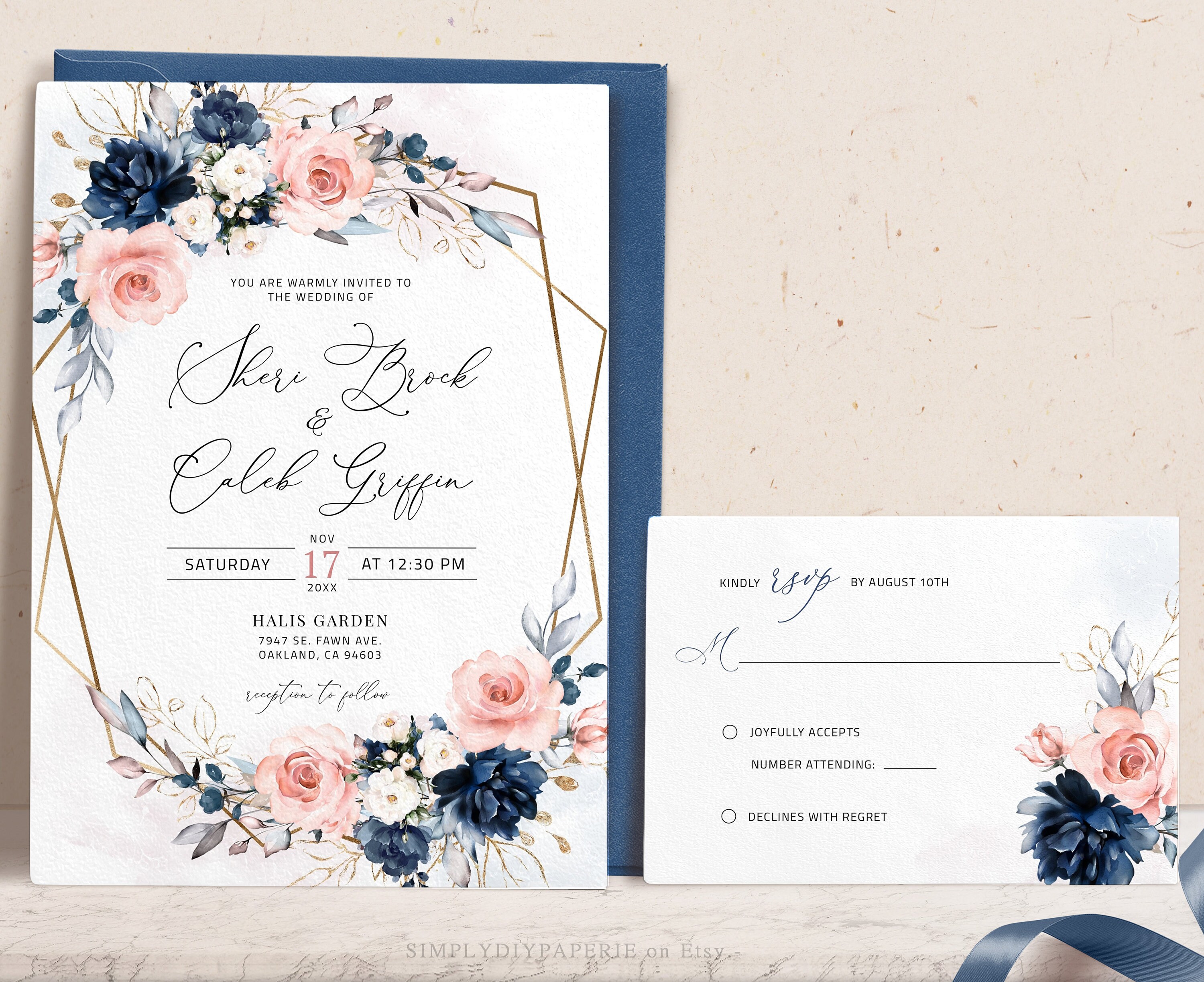 Navy and Peach Wedding Invitation Pink and Blue Wedding Etsy UK