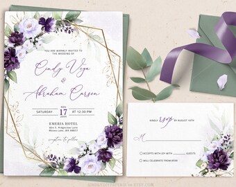 Wedding Invitation Template Purple Greenery, Invitation with Purple Florals, purple floral wedding, purple geometric wedding, diy, PRISCA