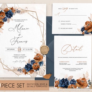 Rust Orange Wedding Invitation Template Download, Navy and rust Wedding, Navy and Orange Wedding invitation, fall wedding invite LYDIA NAVY