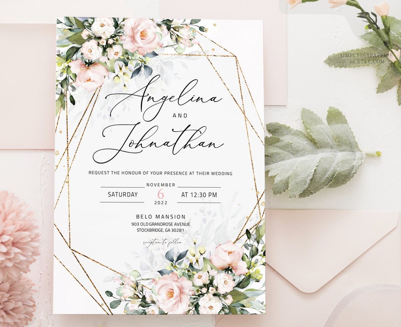 Blush pink floral invitation wedding template set invitation with rsvp wedding bundle template download elegant floral Invitation LILIA