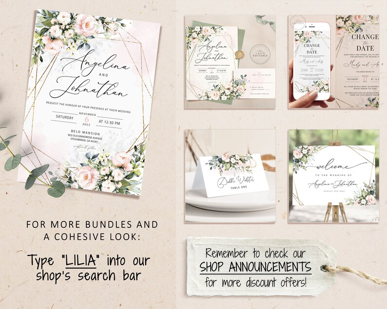 LILIA template bundle, wedding invites with rsvp Blush Geometric Wedding Invitation boho wedding invitation blush wedding invitation