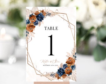 Terracotta Table Numbers Template, Orange and navy wedding decor, burnt orange wedding, Boho wedding numbers, Number sign, PDF, LYDIA NAVY