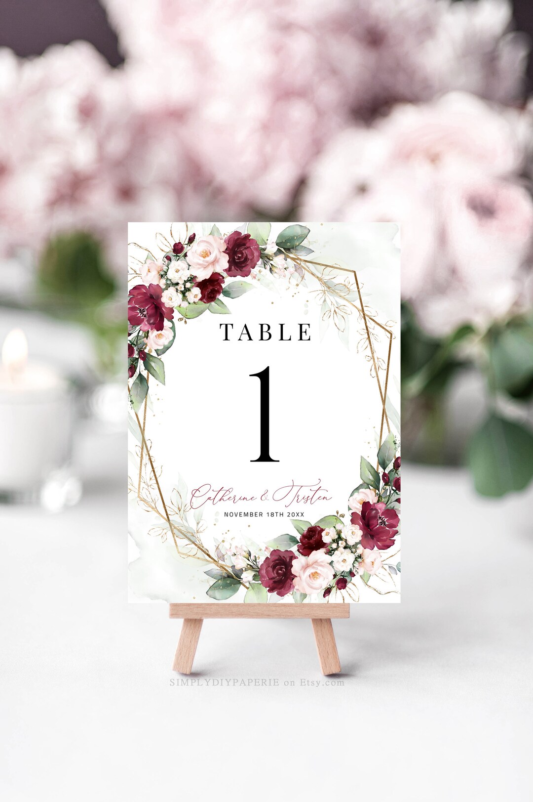 Burgundy Table Number Template, Printable Table Numbers, Burgundy