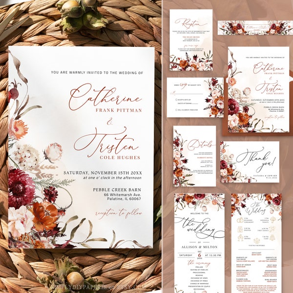 autumn wedding invitation template, Rustic Fall Wedding Invite, rustic wedding invitation template download, Rustic Bohemian Invite, ELISE