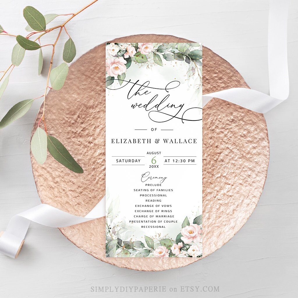 Wedding Program Template Blush Wedding Pink Floral Program Etsy Canada
