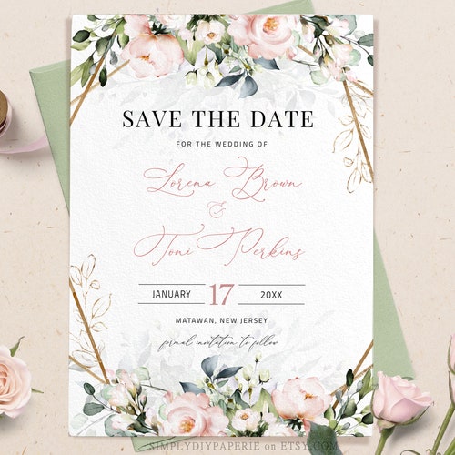 Blush Floral Save the Date Template Download Greenery Date Etsy