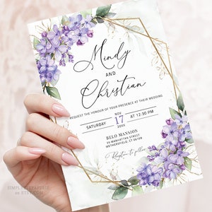 Lilac Wedding Invitation Template Download, Lavender Purple Printable Wedding Invite, Purple and Gold invitation, Greenery Invitation, ALINA image 3