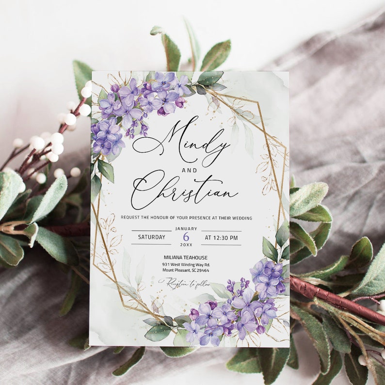Lilac Wedding Invitation Template Download, Lavender Purple Printable Wedding Invite, Purple and Gold invitation, Greenery Invitation, ALINA image 4