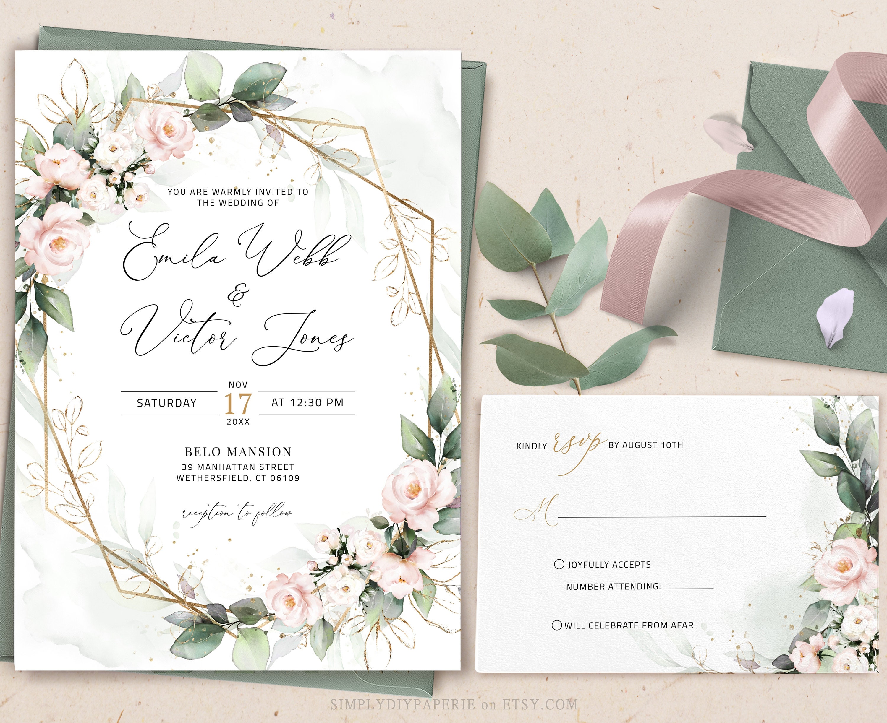 Blush and Green Wedding Invitation Set Invitation Template pic