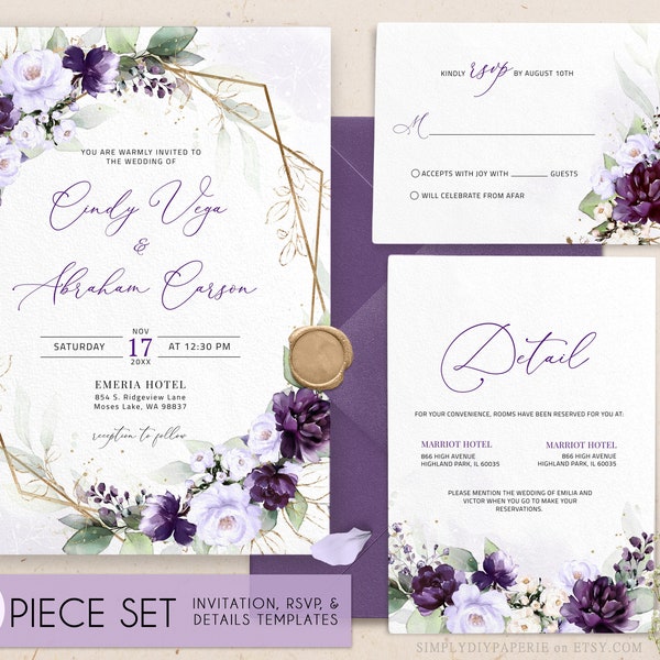 Plum Wedding Invitation Template, Purple wedding invitation bundle, light purple wedding, Lavender purple wedding, purple and gold, PRISCA