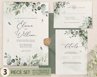 Greenery Wedding Invitation Set, Eucalyptus Wedding Invitation, Greenery Wedding Invite, Green and Beige, Greenery Eucalyptus Invite, ARIA