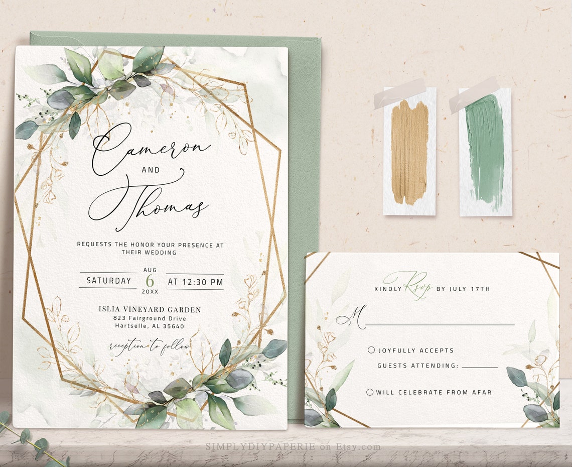 Sage and Gold Wedding Invitation Template Download Eucalyptus image 1