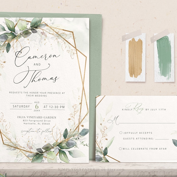 Sage and Gold Wedding Invitation Template Download, Eucalyptus geometric wedding, sage green wedding, geometric invitation with rsvp, MAIA