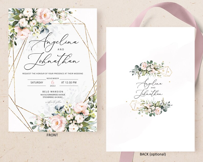 Blush pink floral invitation wedding template set invitation with rsvp wedding bundle template download elegant floral Invitation LILIA