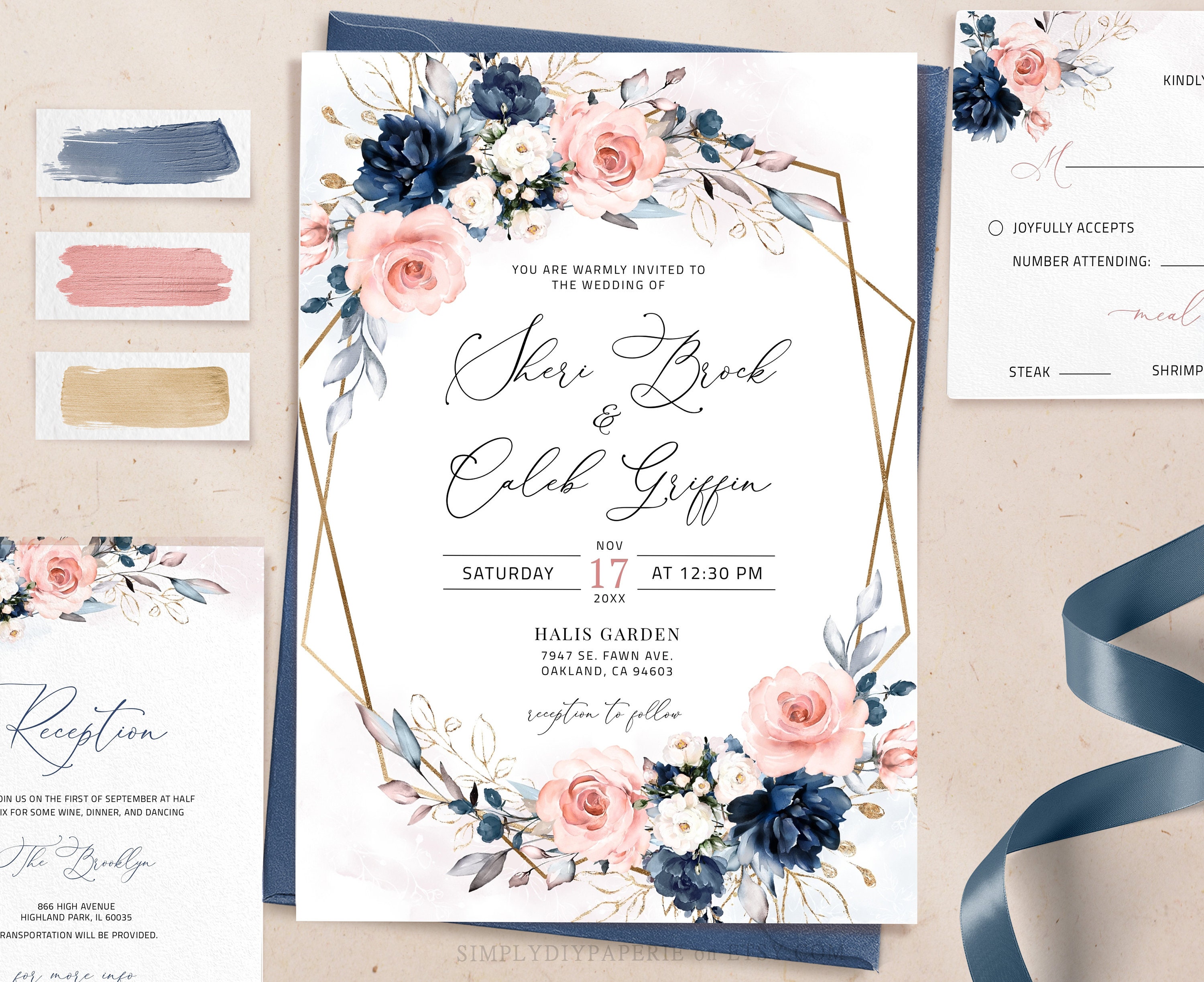 Navy and Blush Wedding Bundle Blue and Pink Invitation Set Etsy UK