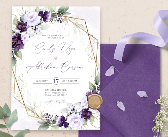Purple Wedding Invitation Template Editable Plum Wedding Invite