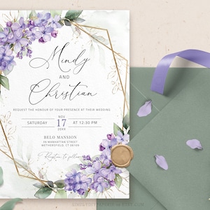 Lilac Wedding Invitation Template Download, Lavender Purple Printable Wedding Invite, Purple and Gold invitation, Greenery Invitation, ALINA image 1
