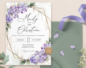 Lilac Wedding Invitation Template Download, Lavender Purple Printable Wedding Invite, Purple and Gold invitation, Greenery Invitation, ALINA