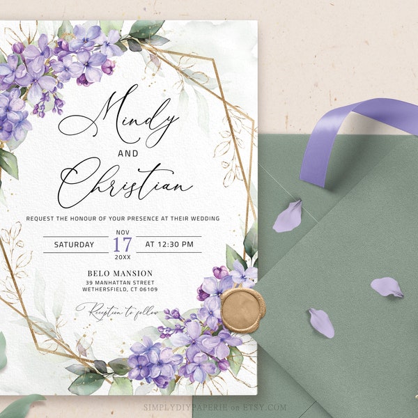 Lilac Wedding Invitation Template Download, Lavender Purple Printable Wedding Invite, Purple and Gold invitation, Greenery Invitation, ALINA