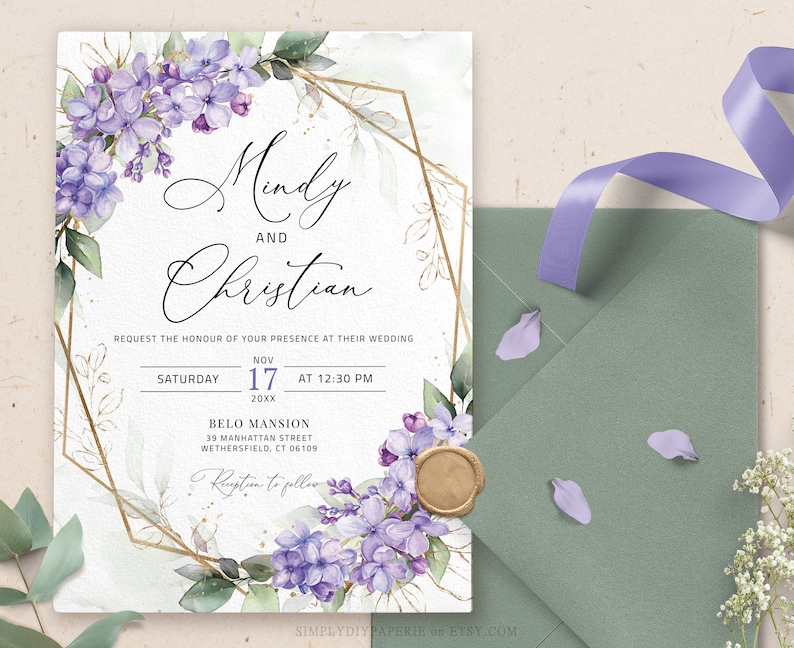 Lilac Wedding Invitation Template Download, Lavender Purple Printable Wedding Invite, Purple and Gold invitation, Greenery Invitation, ALINA image 1