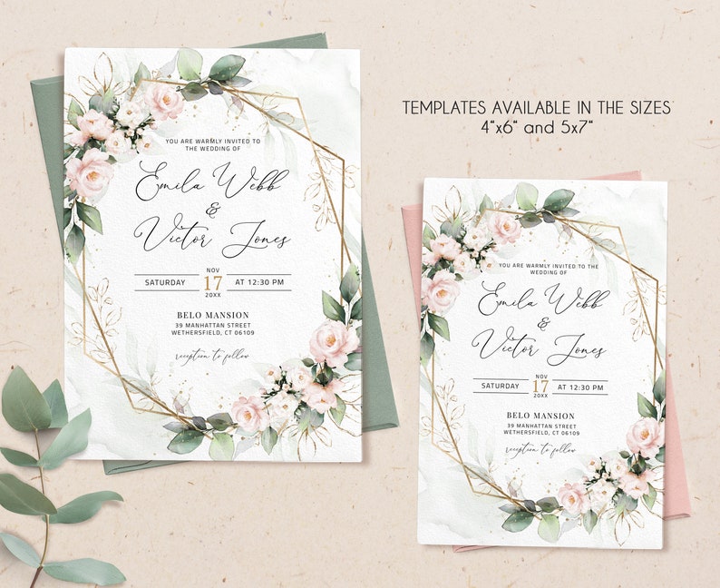 Blush Floral Wedding Invitation Template Blush Wedding Invite Etsy
