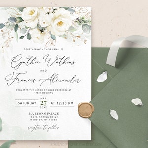 White Floral Wedding Invitation Template Download, Ivory White Wedding Invite, Greenery Wedding Invitation, cream floral wedding, LAIA