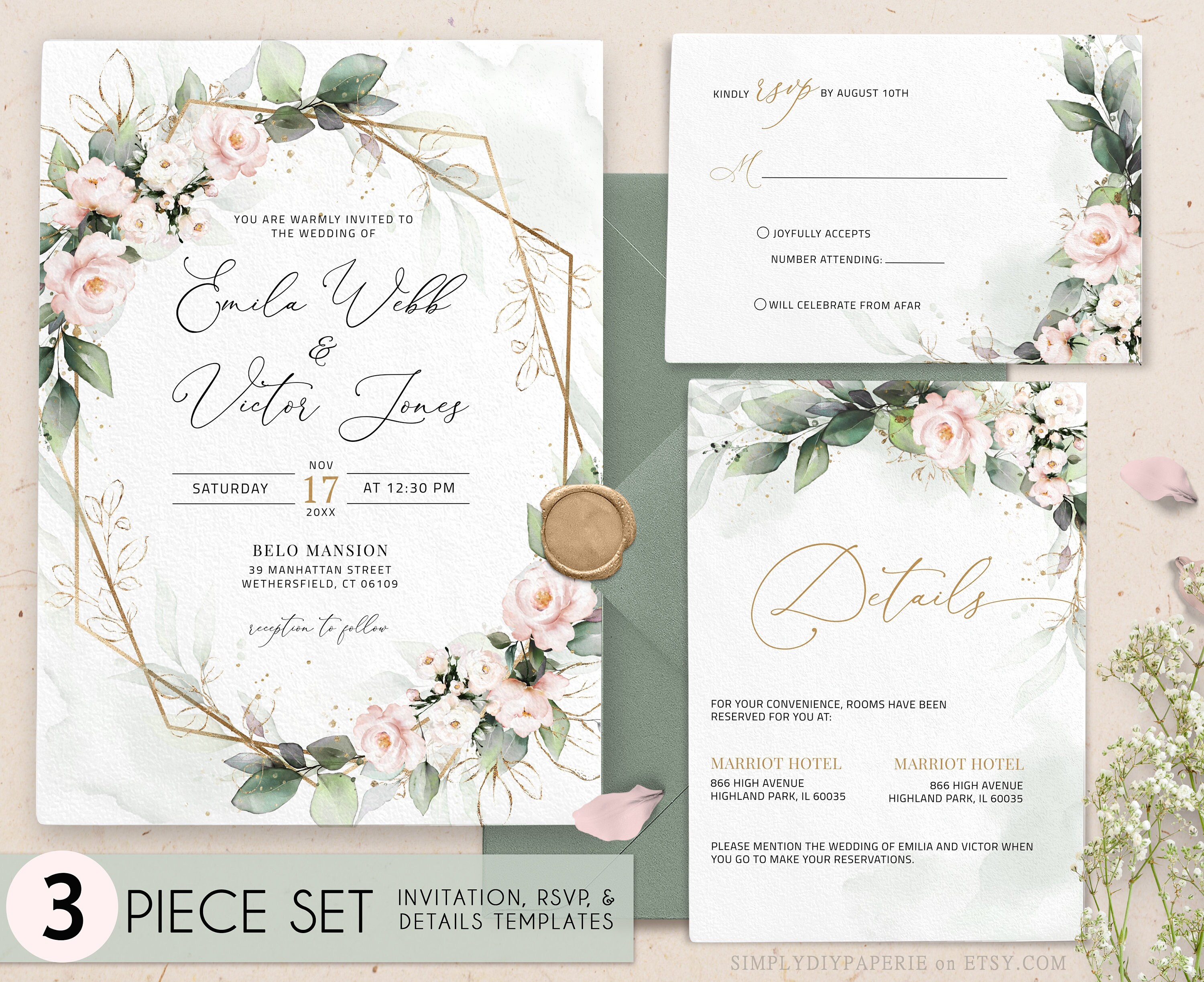 EDITABLE Template Boho Chic RSVP & Details DIY Boho Printable Invite Blush Pink Floral Wedding Invitation Bohemian Cream Rose Flowers