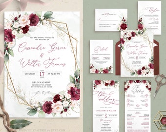 burgundy and blush wedding invitation bundle, maroon and blush invitation Suite, red blush invite, Marsala Blush Invitation Template, CLARA