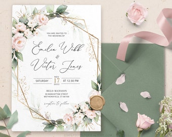 Blush Floral Wedding Invitation Template, Blush Wedding Invite Template, Greenery Wedding Invitation, Printable Wedding Card, pdf, Lilian