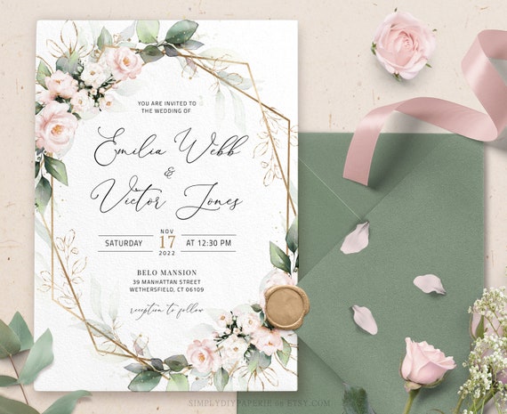 EDITABLE Template Boho Chic RSVP & Details DIY Boho Printable Invite Blush Pink Floral Wedding Invitation Bohemian Cream Rose Flowers