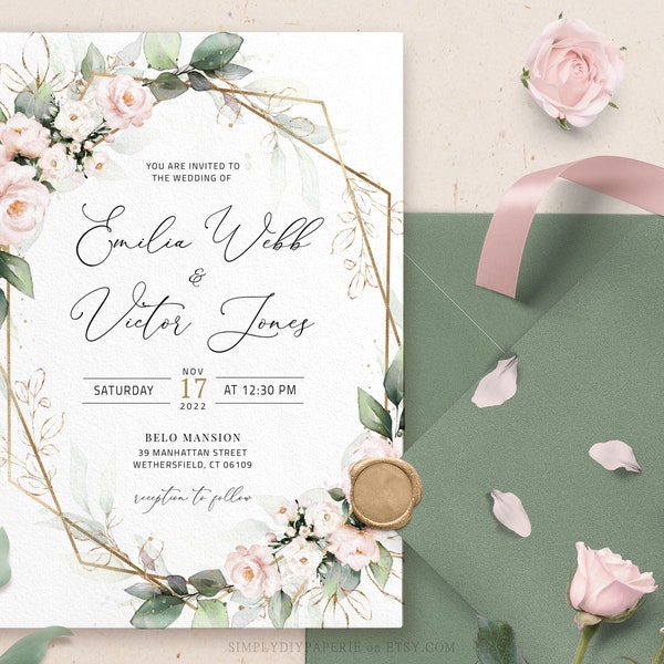 Blush Floral Wedding Invitation Template, Blush Wedding Invite Template, Greenery Wedding Invitation, Printable Wedding Card, pdf, Lilian