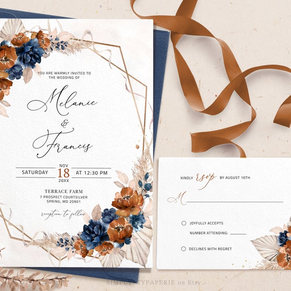 Navy and Orange wedding invite with rsvp, Pampas grass wedding, invitation template, fall wedding invite, autumn invitation, LYDIA NAVY