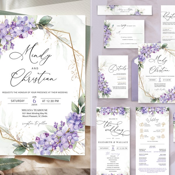 Invitation de mariage floral violet, suite d’invitation de mariage lilas, mariage violet, invitation imprimable avec rsvp, violet lavande, ALINA