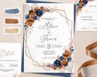 Terracotta wedding invitation, rust wedding Template Download, orange and blue wedding invite, rust wedding, boho invite, LYDIA NAVY