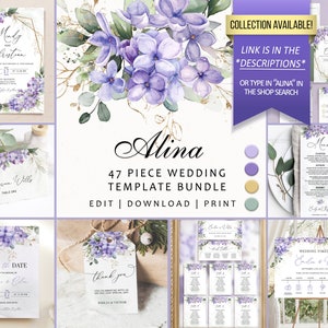 Lilac Wedding Invitation Template Download, Lavender Purple Printable Wedding Invite, Purple and Gold invitation, Greenery Invitation, ALINA image 5