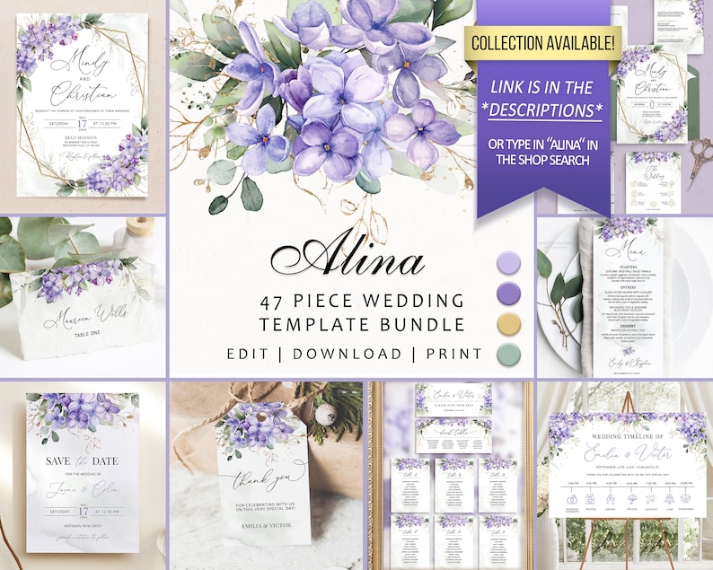 Lilac Wedding Invitation Template Download, Lavender Purple Printable Wedding Invite, Purple and Gold invitation, Greenery Invitation, ALINA image 5