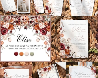 Burgundy Wedding Collection, Fall Wedding Invitation Bundle, Autumn Wedding Suite, Invitation Collection Bundle, Earth Tone, PDF, ELISE