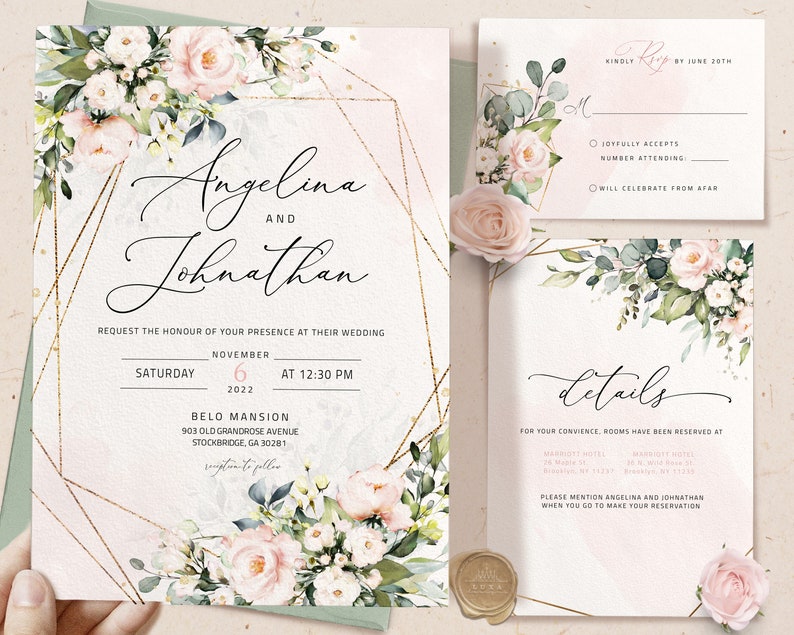 LILIA template bundle, wedding invites with rsvp Blush Geometric Wedding Invitation boho wedding invitation blush wedding invitation