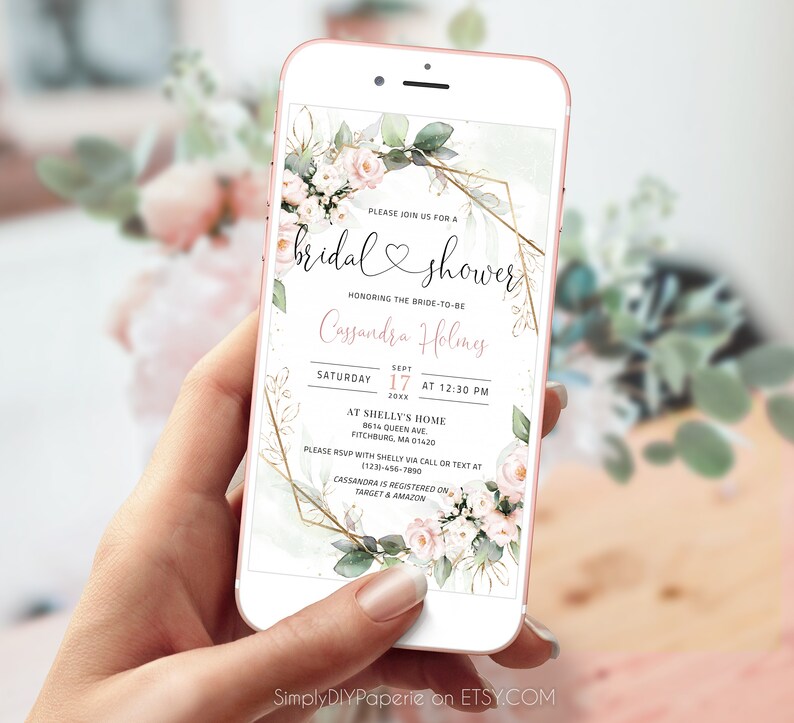Bridal Shower Digital Invitation Blush Floral Invitation Etsy
